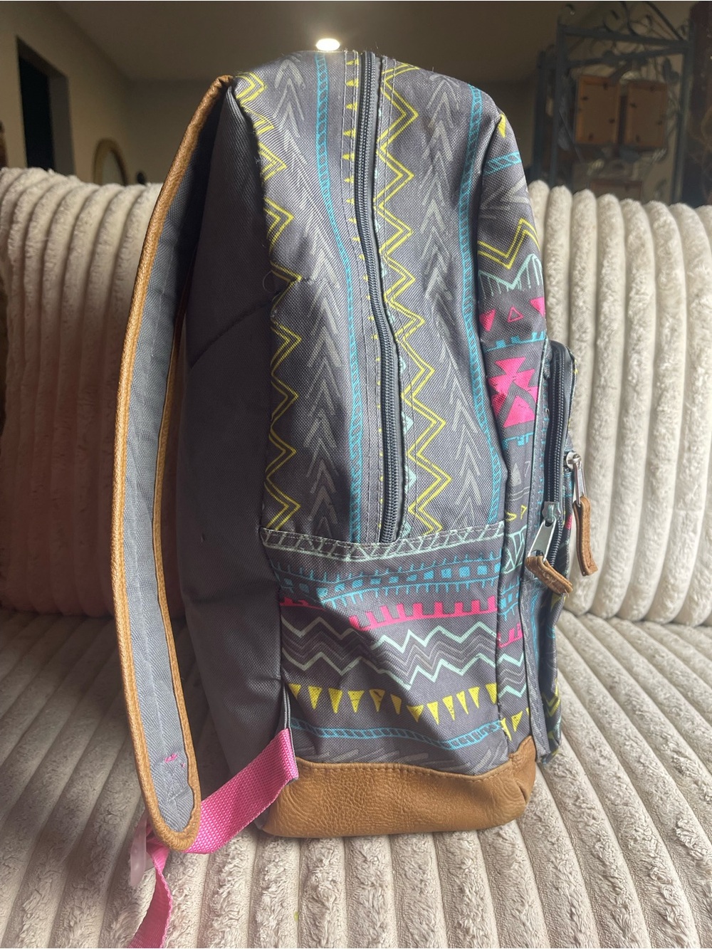 Gray Aztec-Print Women's Backpack with Pink, Yellow & Teal Accents - Picture 2 of 6